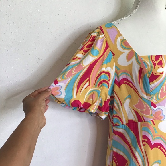 Emily Wonder Fun Elegant Puff sleeve Colorful Floral Women's Sheath Mini Dress L - Picture 3 of 9